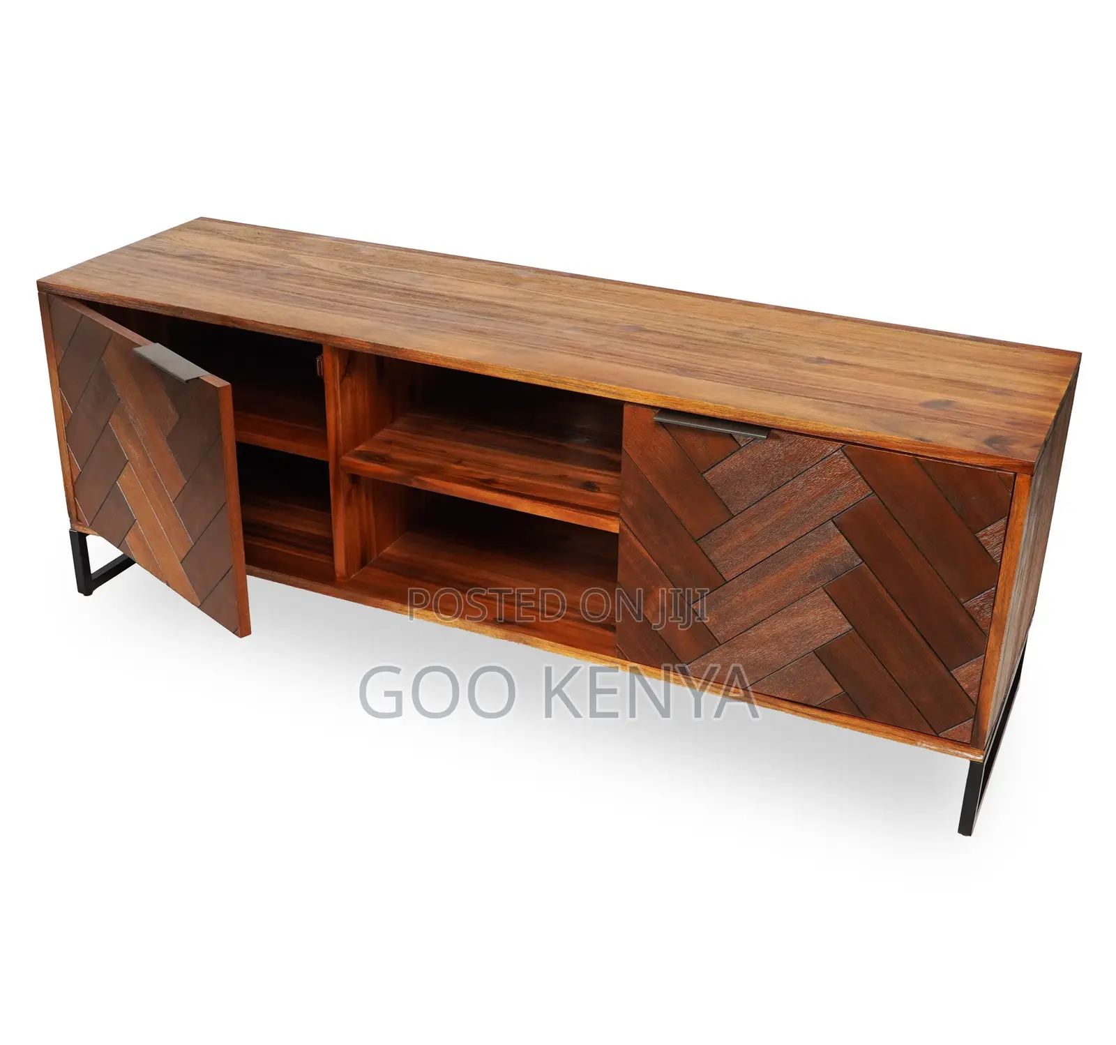 Home Tv Cabinet; Designer Entertainment Stand, Wood and Metal Base