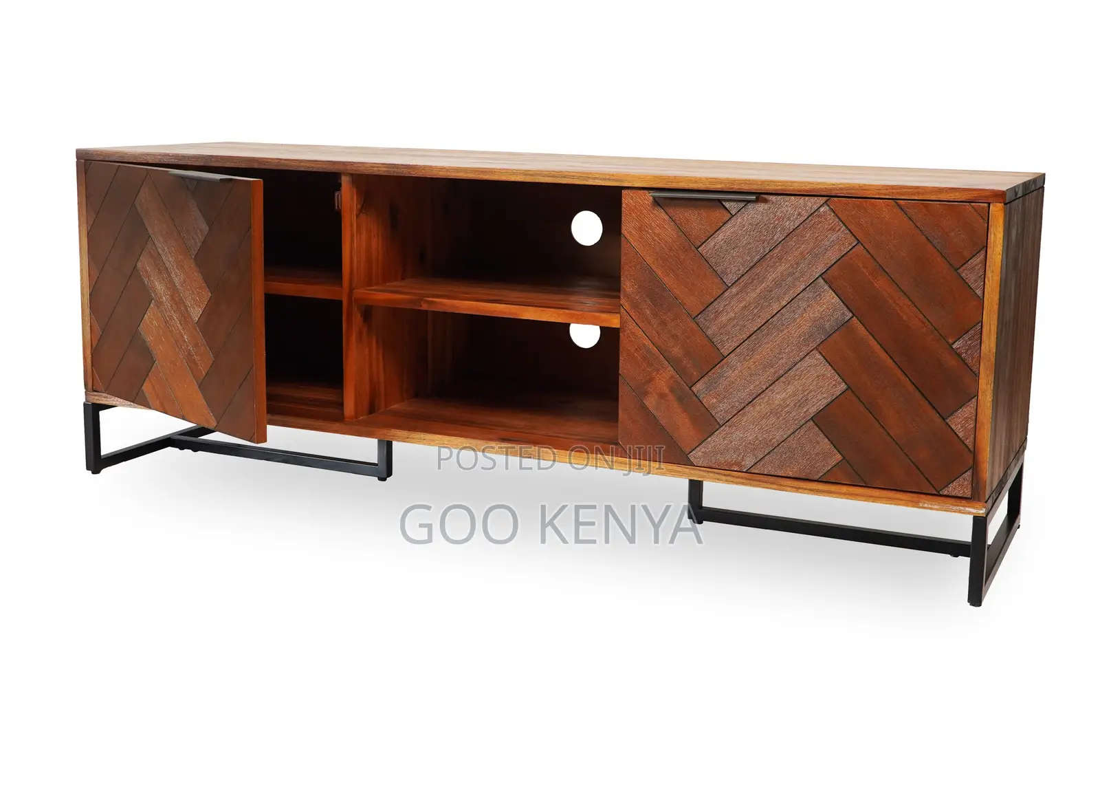 Home Tv Cabinet; Designer Entertainment Stand, Wood and Metal Base