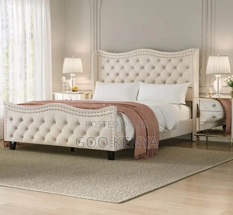 Home Bed; Elegant Wooden Bedroom Bed With Full-Size Velvet Upholstery