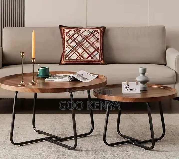 Home Table Set; Small Living Room Tea Table — Metal Legs, Wood Surface