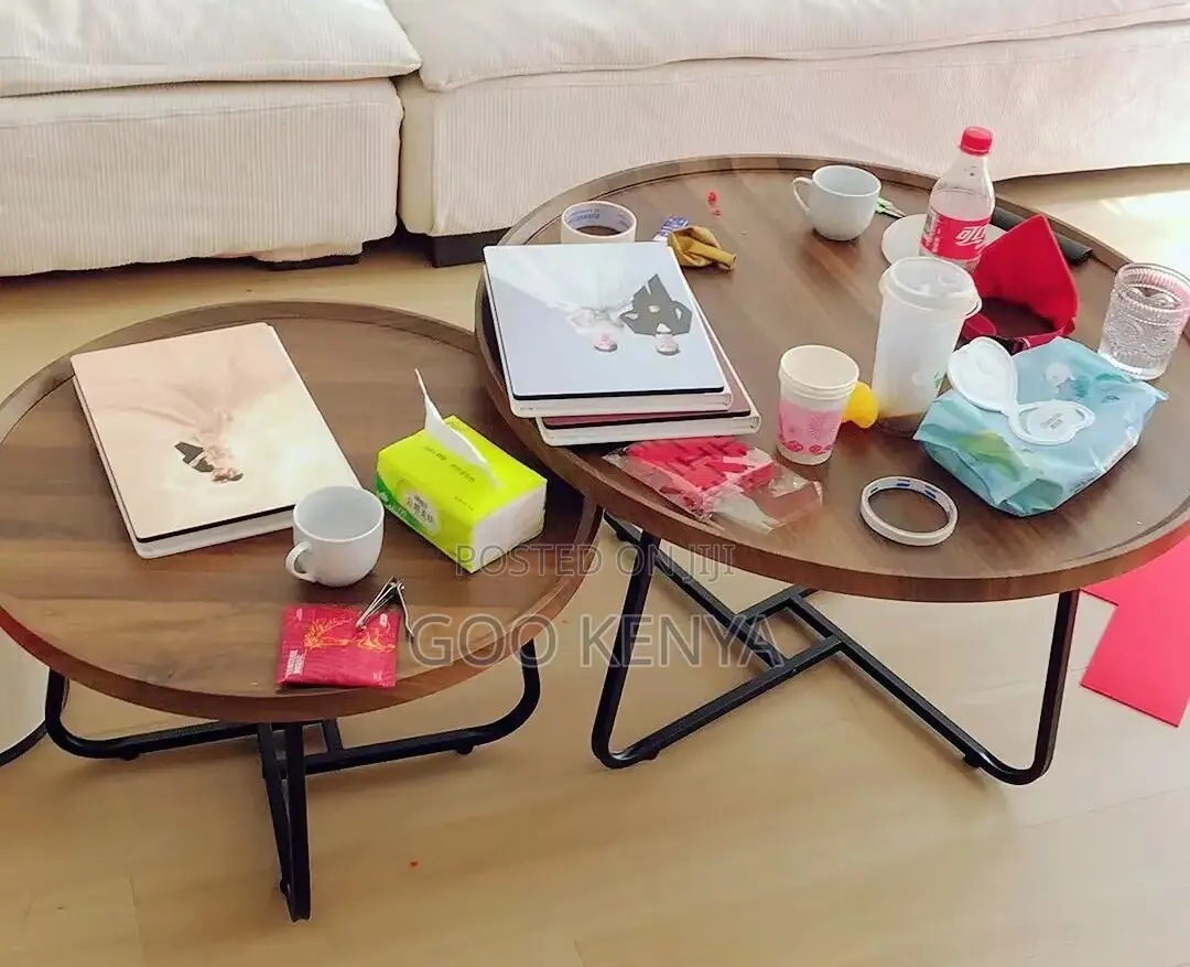 Home Table Set; Small Living Room Tea Table — Metal Legs, Wood Surface