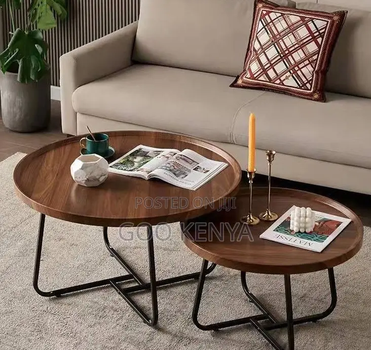 Home Table Set; Designer Round Coffee Table Set— Wood Top, Metal Frame