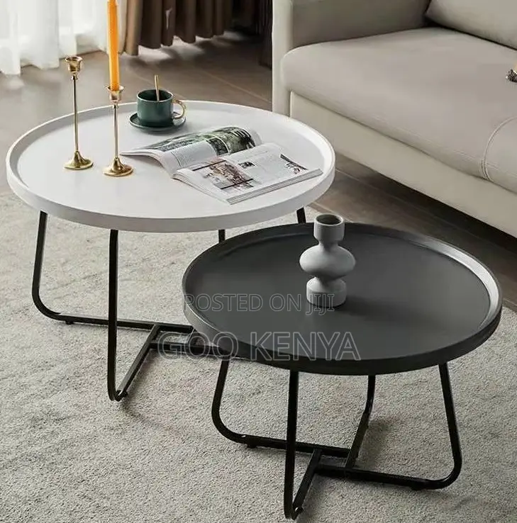 Home Table Set; Designer Round Coffee Table Set— Wood Top, Metal Frame