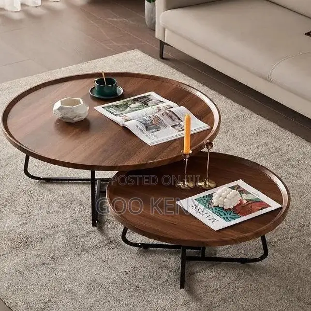 Home Table Set; Designer Round Coffee Table Set— Wood Top, Metal Frame