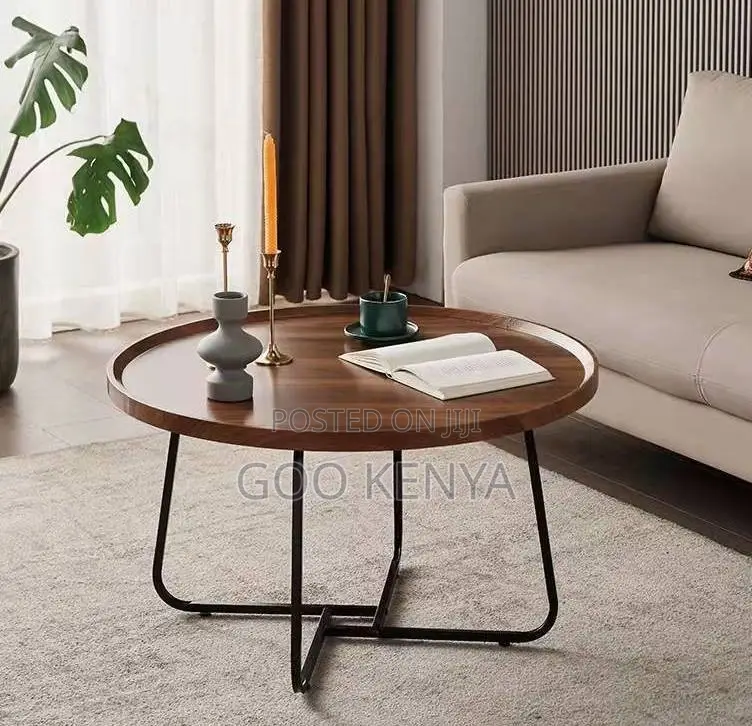 Home Table Set; Designer Round Coffee Table Set— Wood Top, Metal Frame