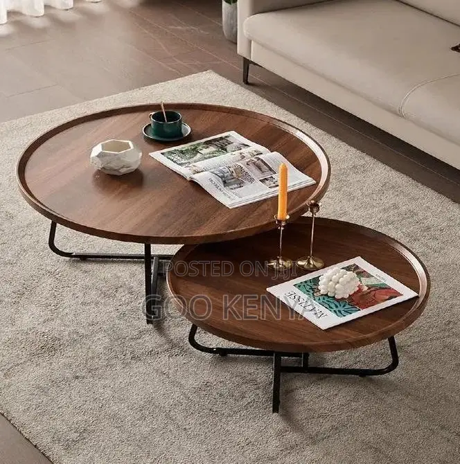 Home Table Set; Designer Round Coffee Table Set— Wood Top, Metal Frame