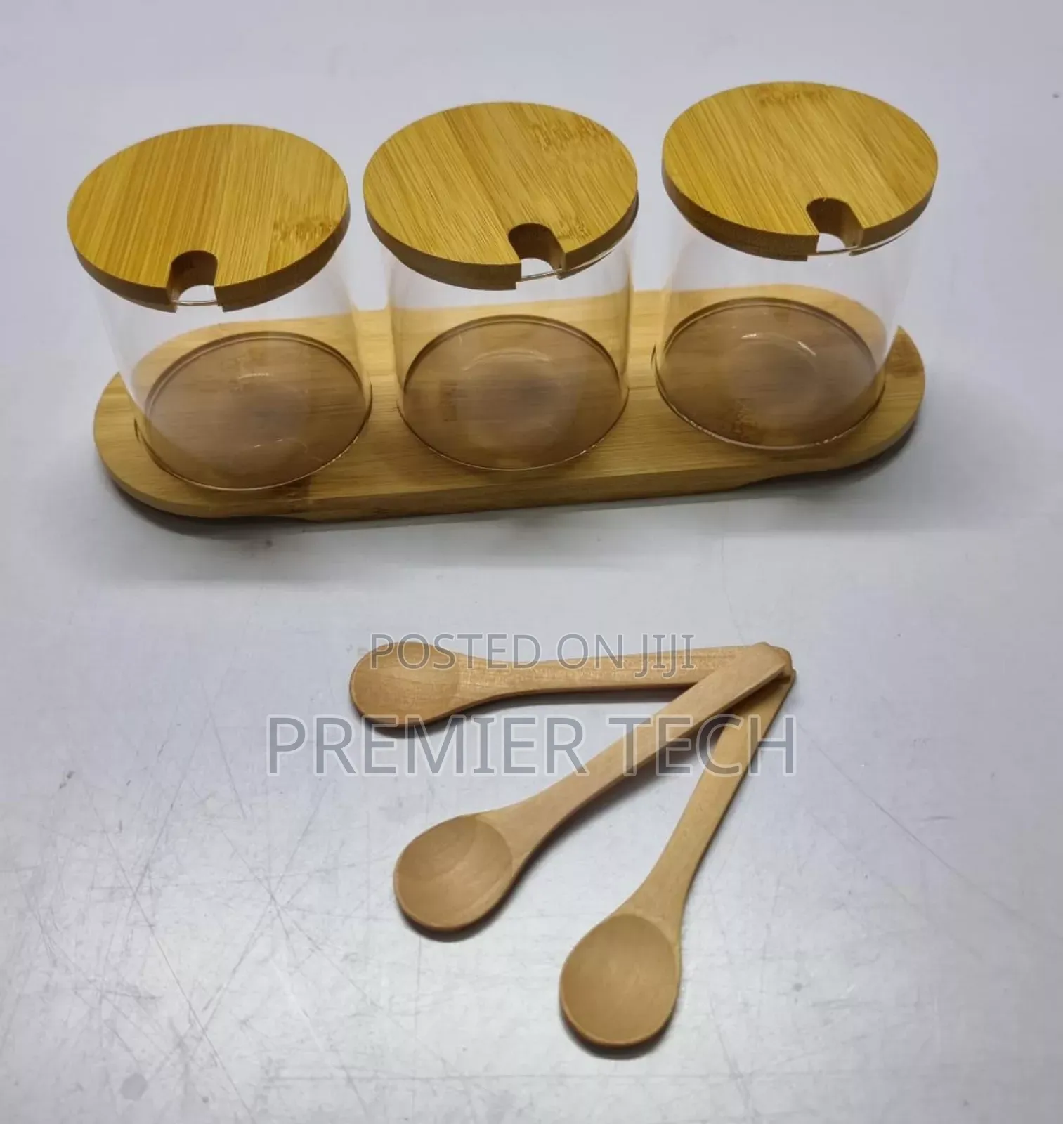 3 In1 Glass Sugar Set With Bamboo Stand, Lids and Spoons