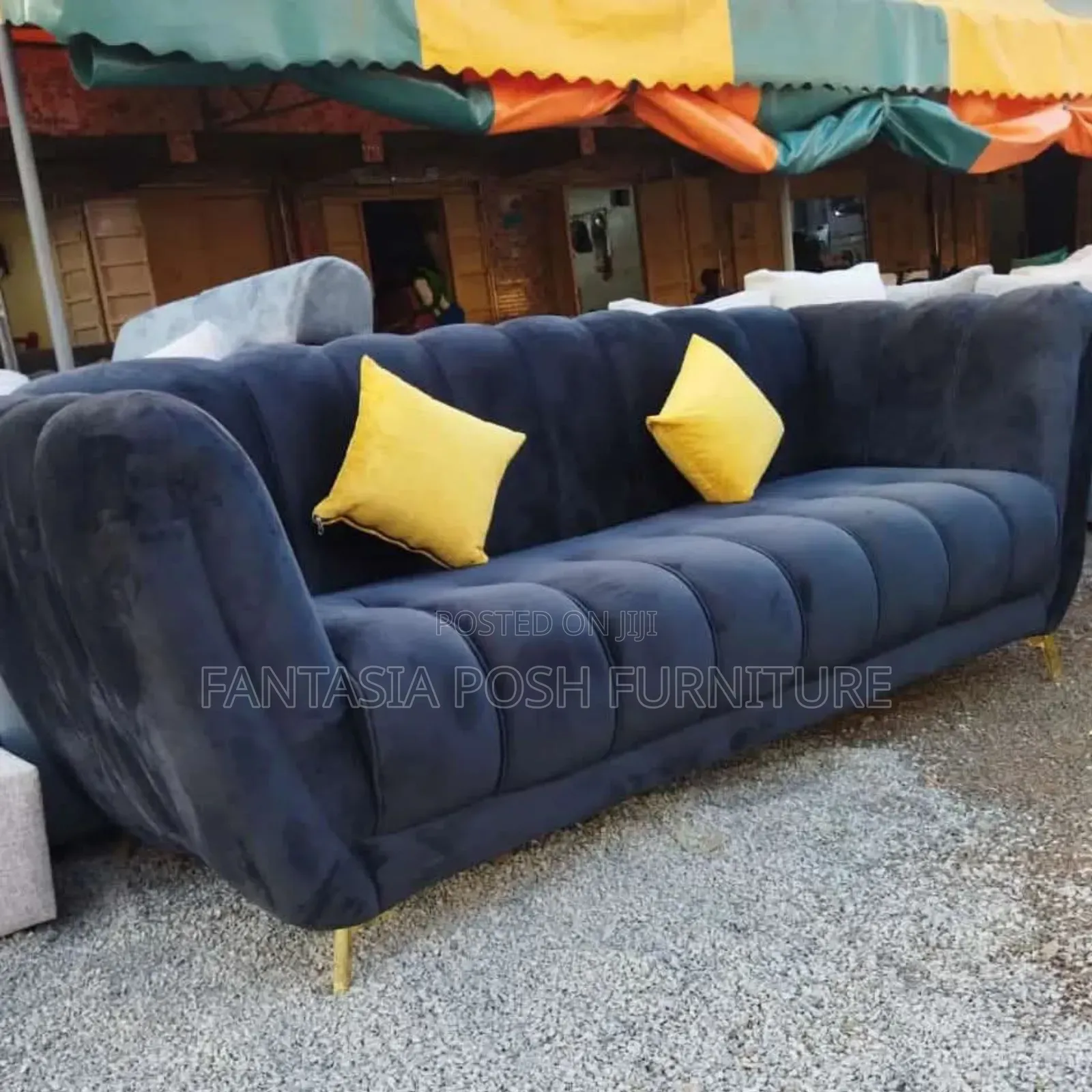 3-Seater Navy Velvet Sofa With Gold Legs