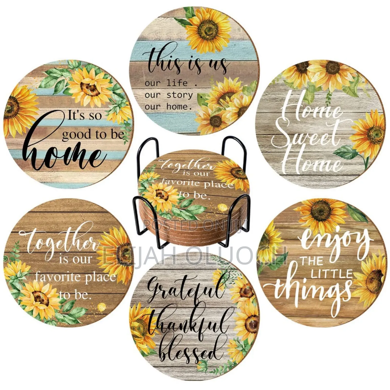 6pcs Rustic Wooden Drink Coasters With Metal Stand Holder*