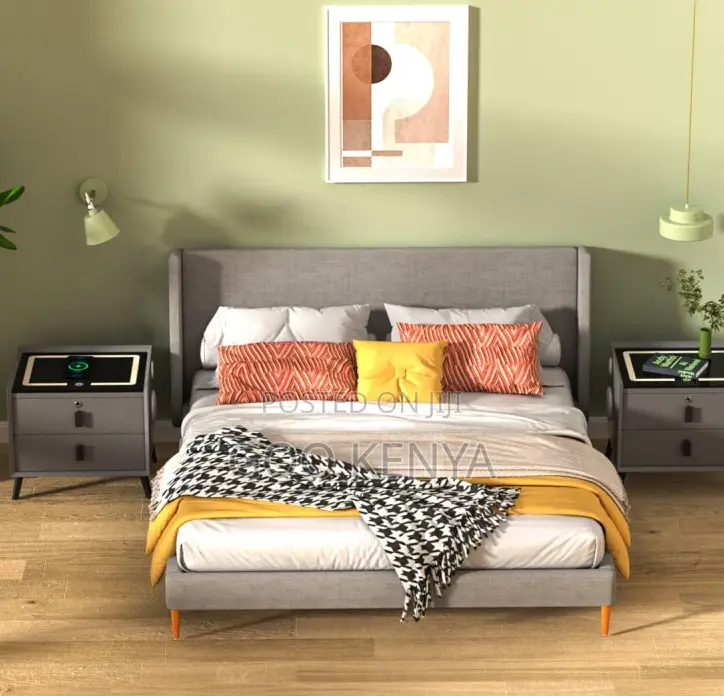 Home Cabinet; Designer Smart Nightstand With Storage Fingerprint