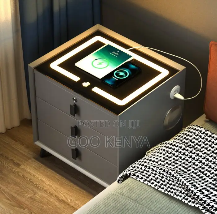 Home Cabinet; Designer Smart Nightstand With Storage Fingerprint