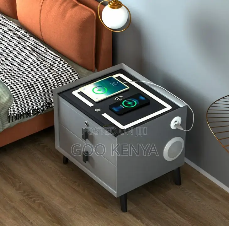 Home Cabinet; Designer Smart Nightstand With Storage Fingerprint