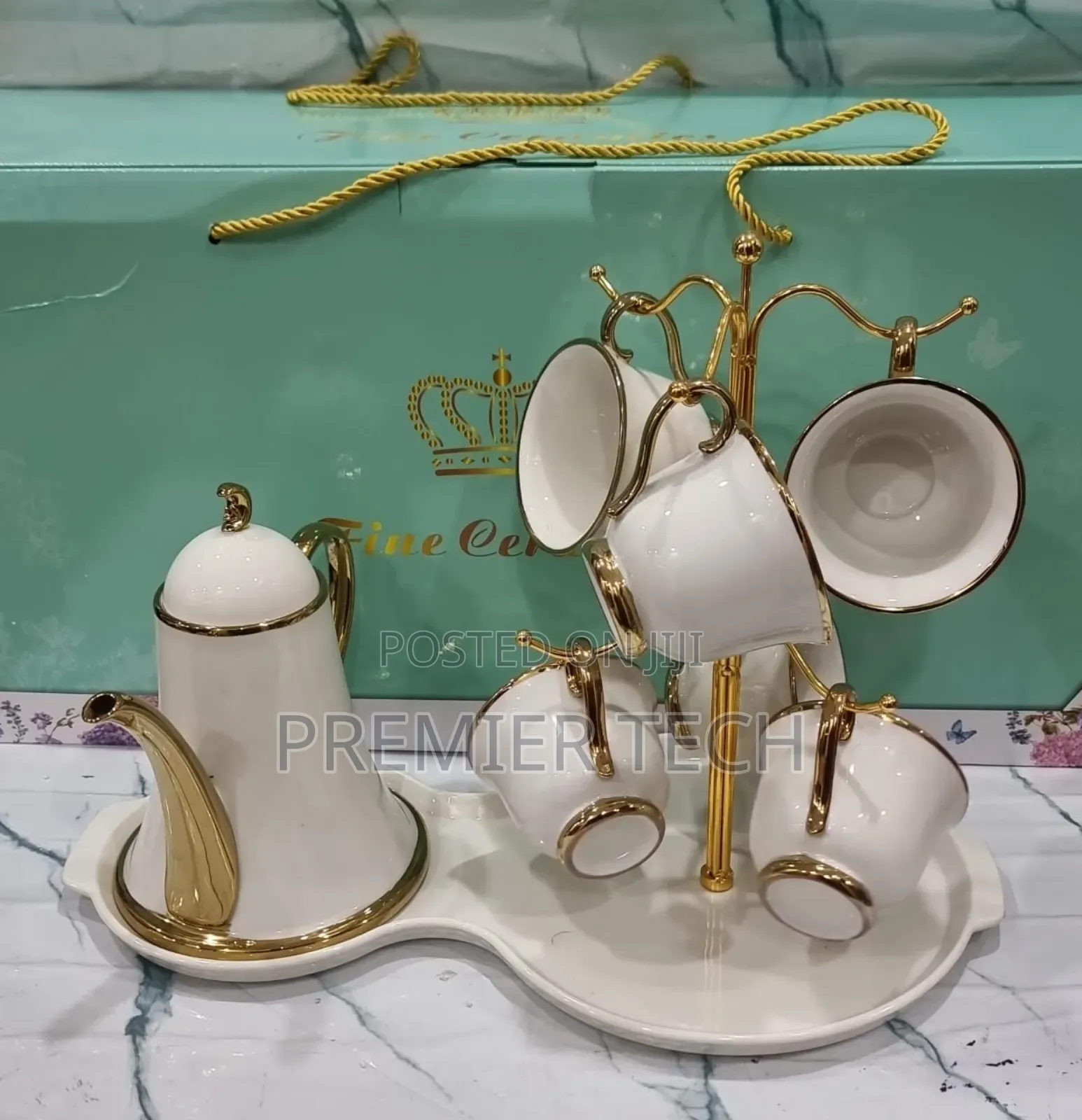 Fine Ceramic 9pc Tea Set With Cup Stand 6 Cups Kettle 8 Shaped Tray