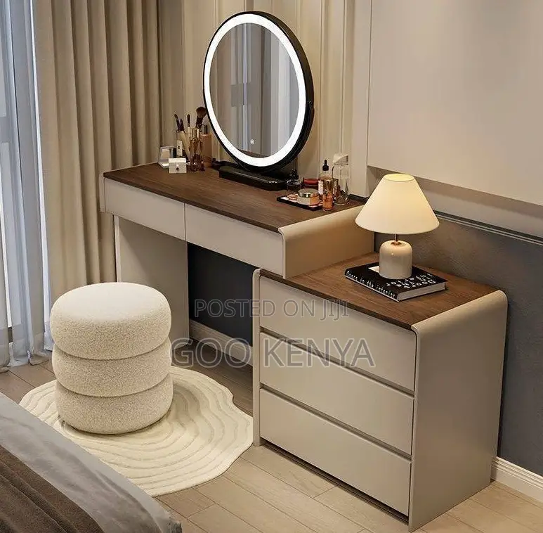 Home Dressing Table; Cream-Style Makeup Vanity With Storage Cabinet