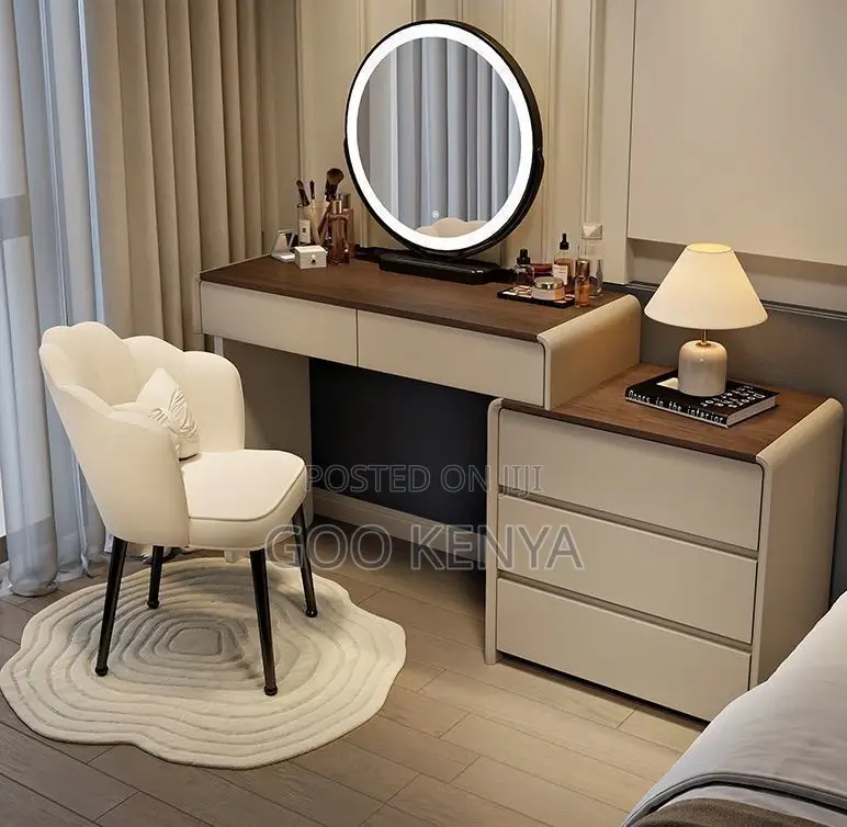 Home Dressing Table; Cream-Style Makeup Vanity With Storage Cabinet