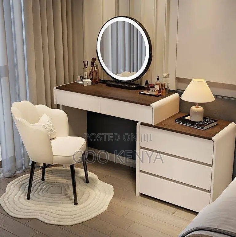 Home Dressing Table; Cream-Style Makeup Vanity With Storage Cabinet