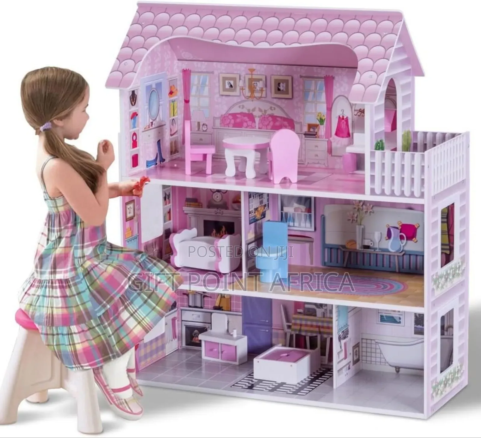 Pink Wooden Doll House With Furniture Set For Kids