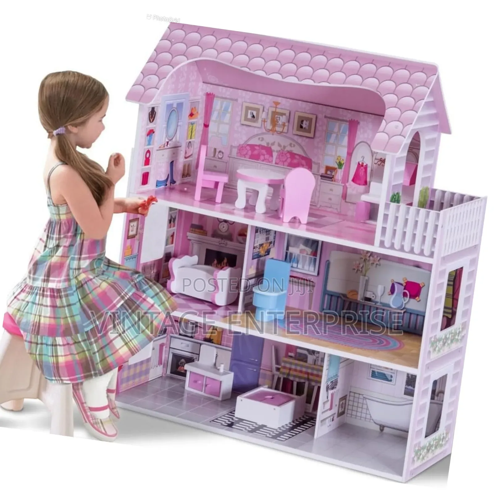 Pink Wooden Kids Doll House With Furniture Set