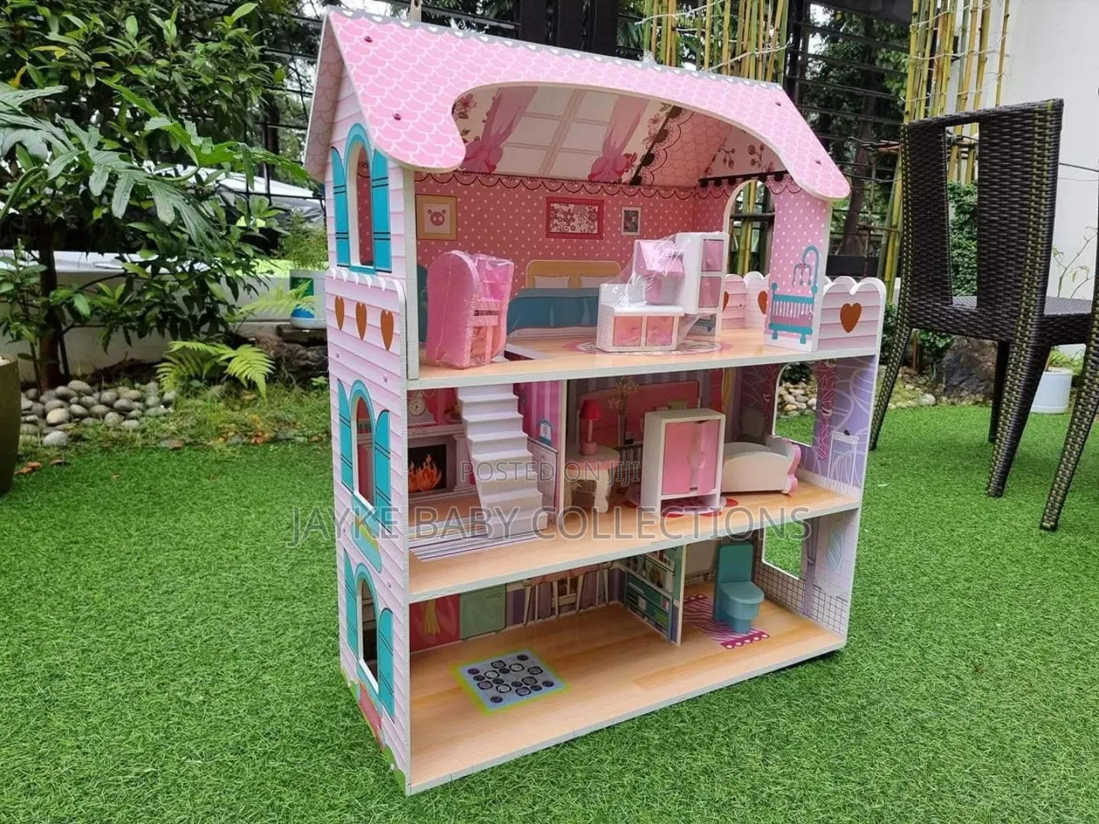 28-Inch Pink Wooden Dollhouse With Furniture