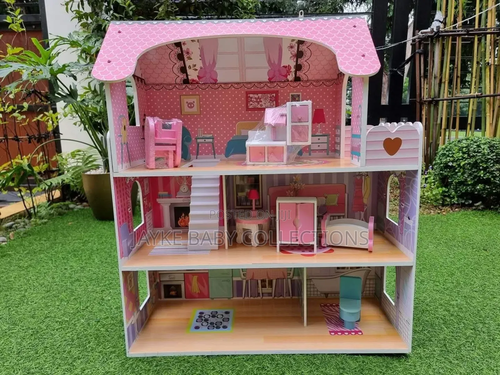 28-Inch Pink Wooden Dollhouse With Furniture