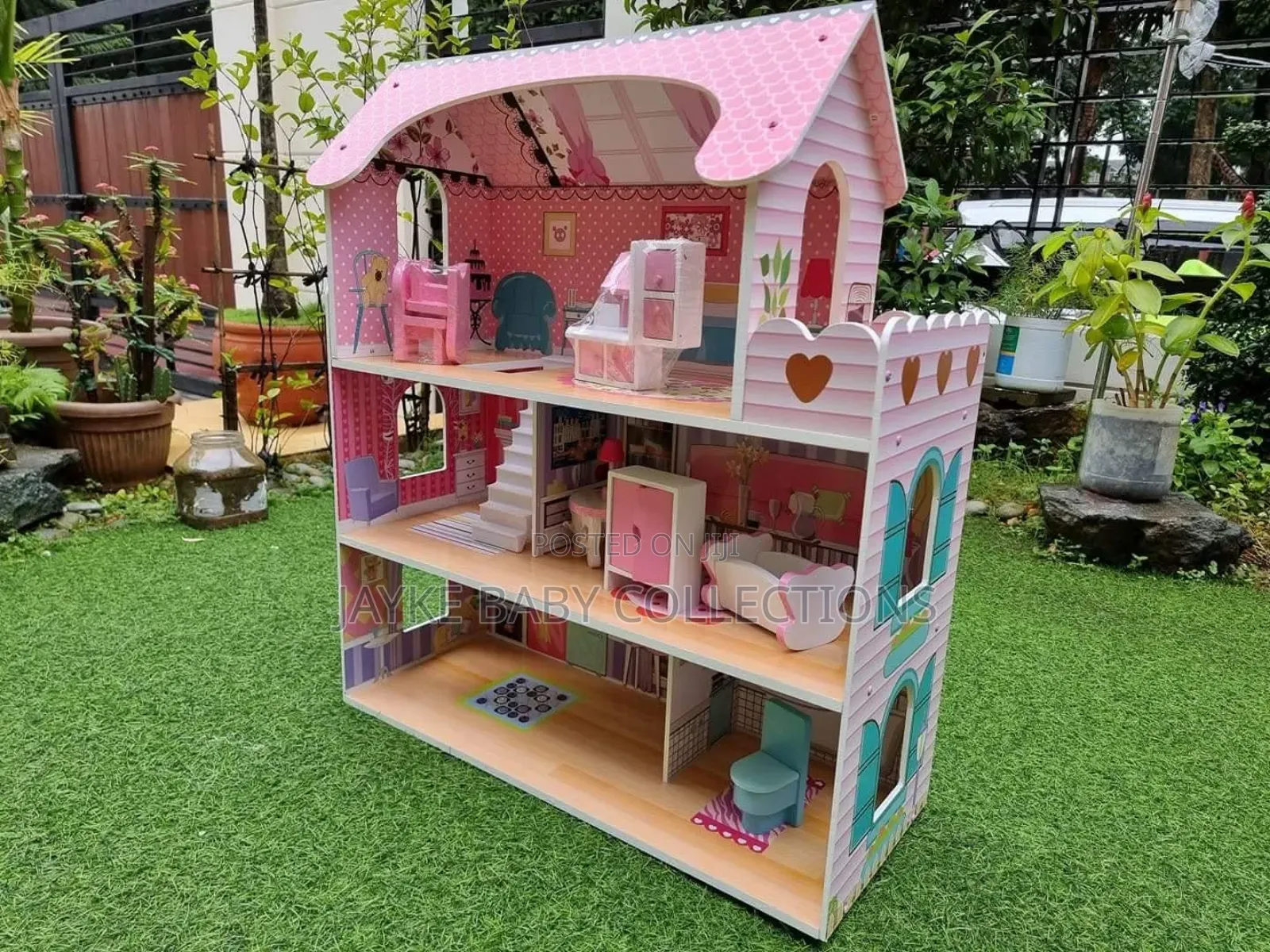 28-Inch Pink Wooden Dollhouse With Furniture