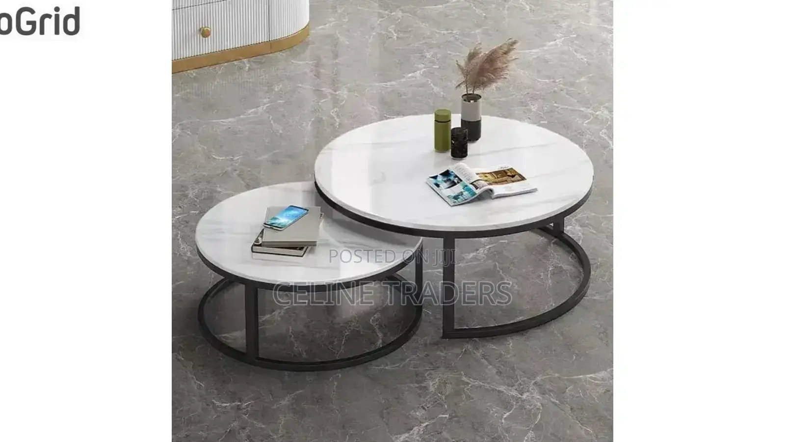Luxury Pure Marble Top Nesting Coffee Tables With Black Stand.