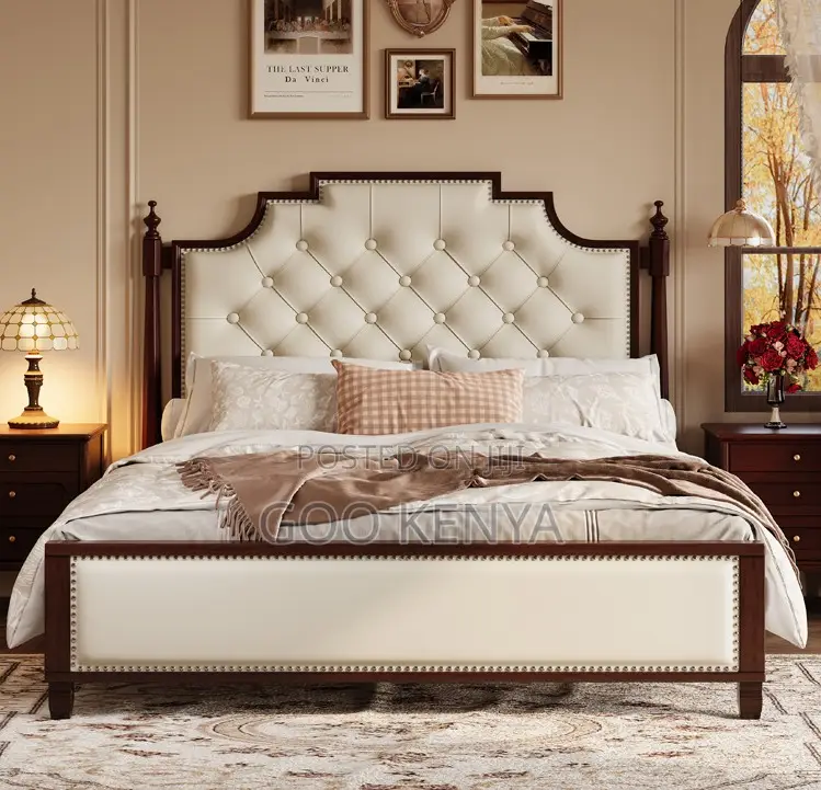 Home Bed; American Vintage Button-Tufted Wooden Bed