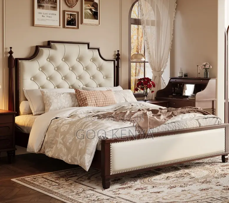 Home Bed; American Vintage Button-Tufted Wooden Bed