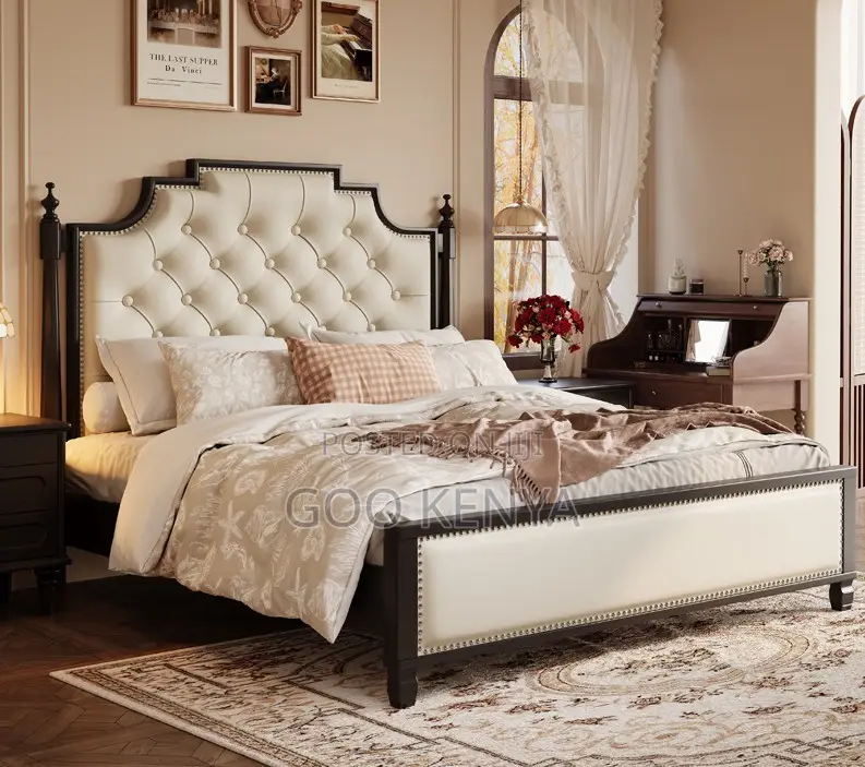 Home Bed; American Vintage Button-Tufted Wooden Bed