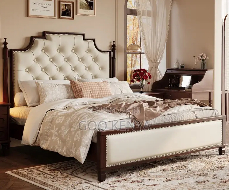 Home Bed; American Vintage Button-Tufted Wooden Bed