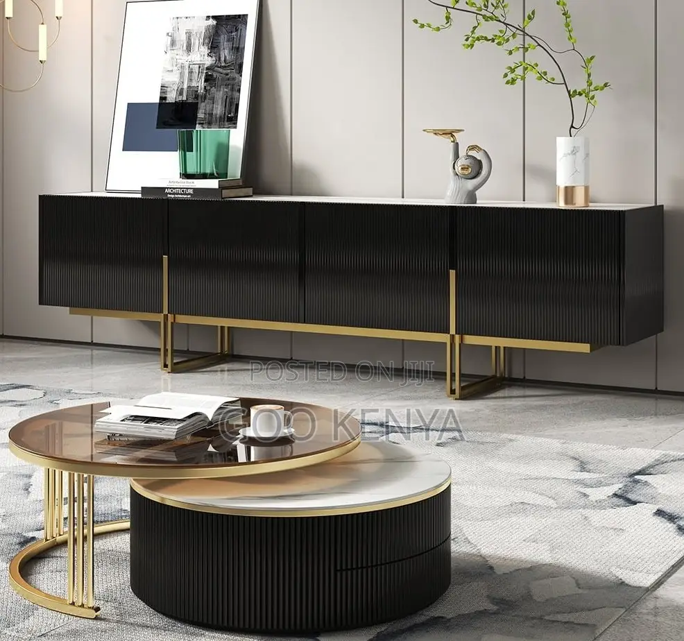 Home Tv Cabinet Set;Stone-top Tv Cabinet And Table Set In Black Finish