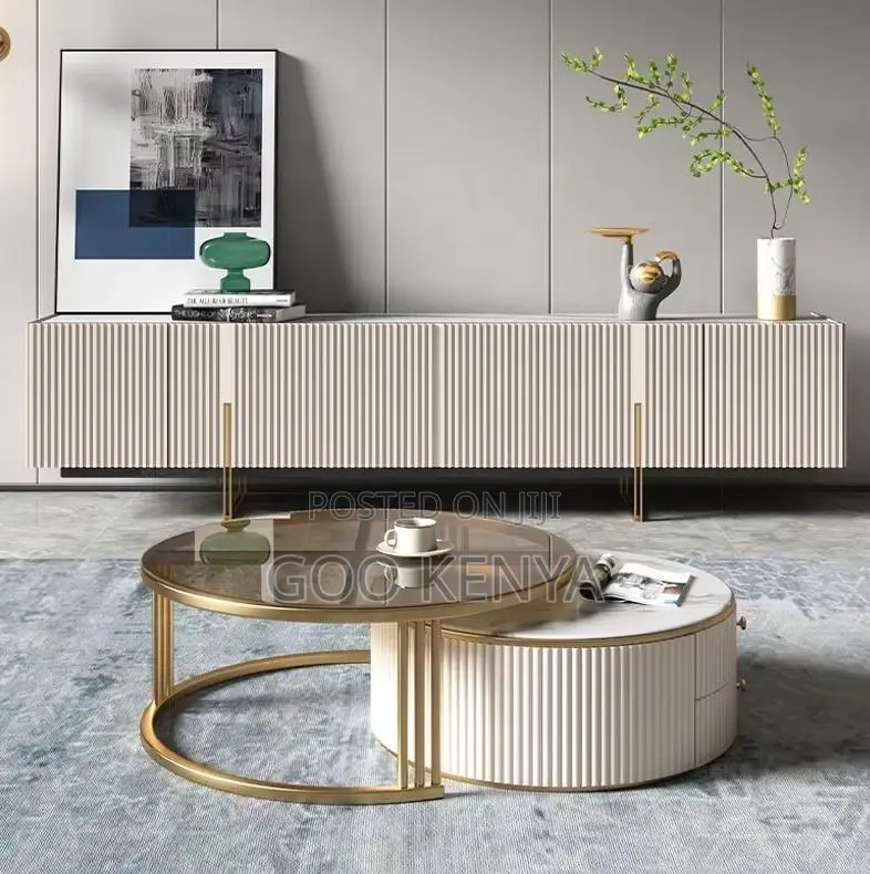 Home Tv Cabinet Set;Stone-top Tv Cabinet And Table Set In Black Finish