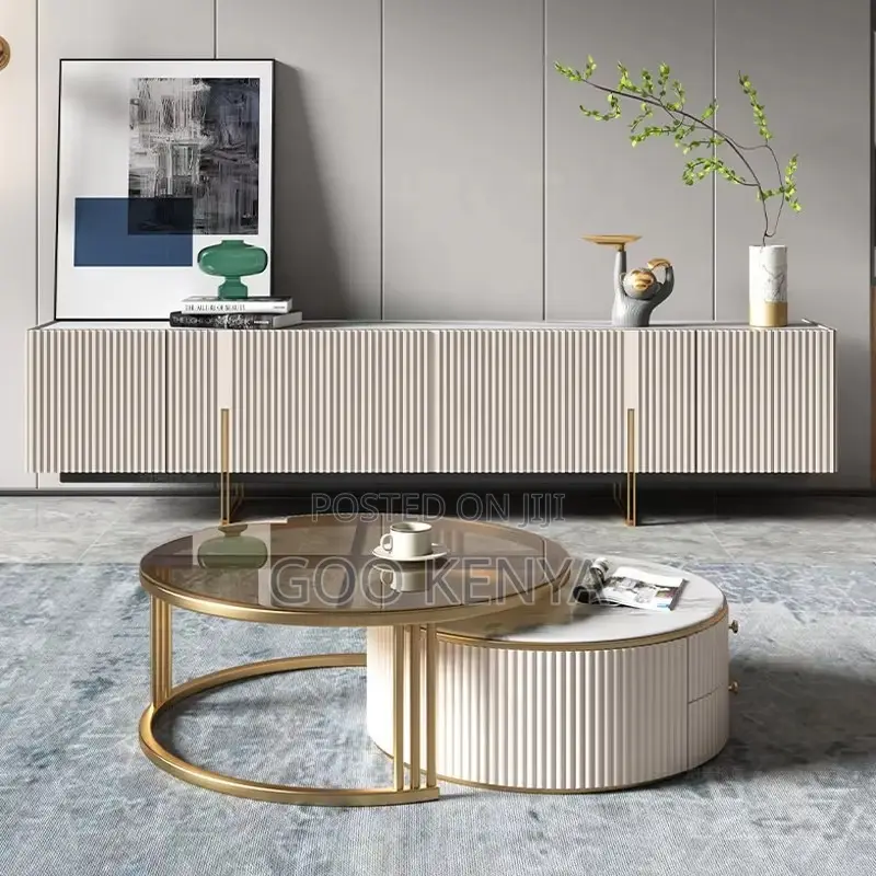 Home Tv Cabinet Set;Stone-top Tv Cabinet And Table Set In Black Finish
