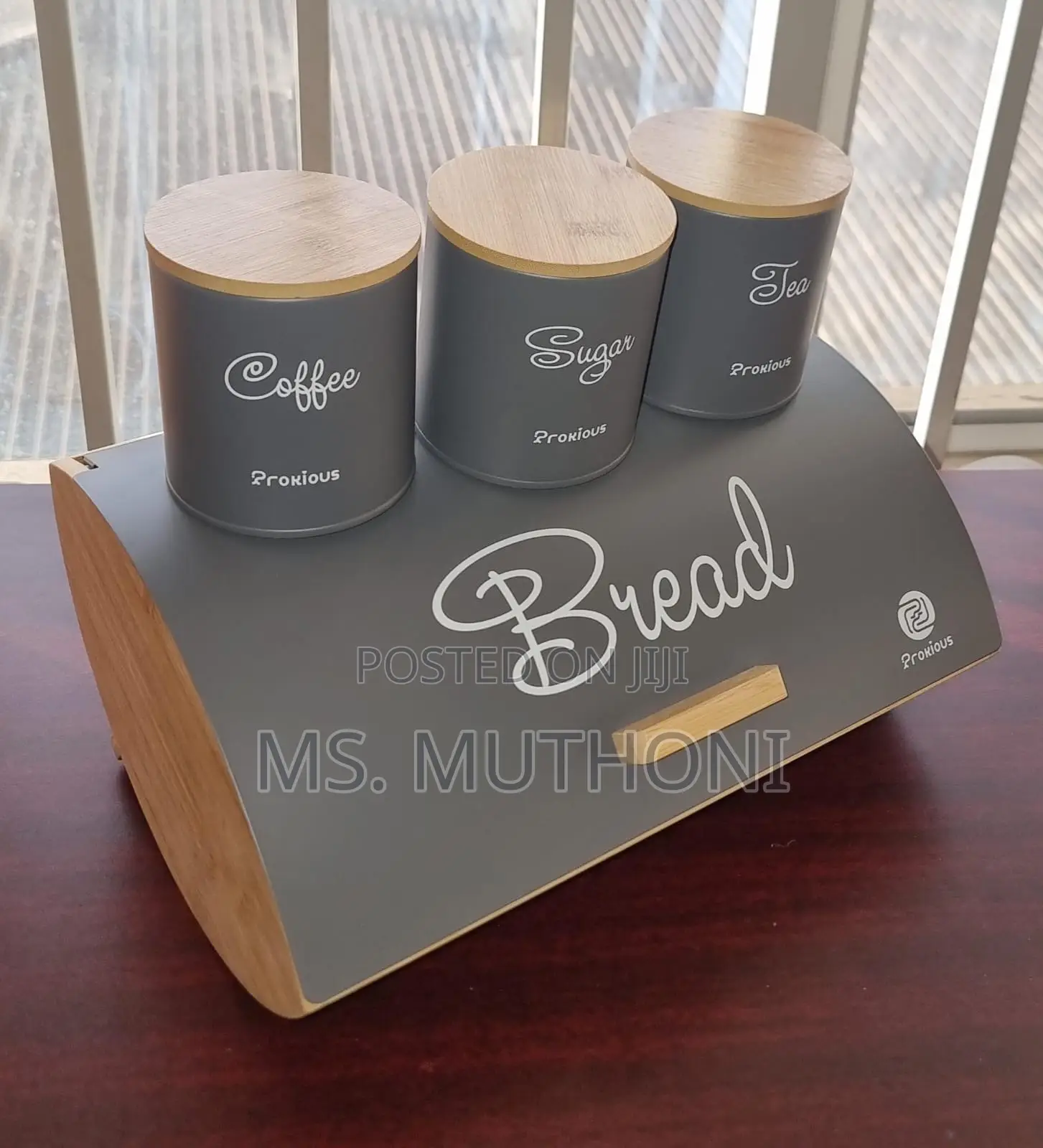 Metalic and Bamboo Bread Bin and Canister Set.