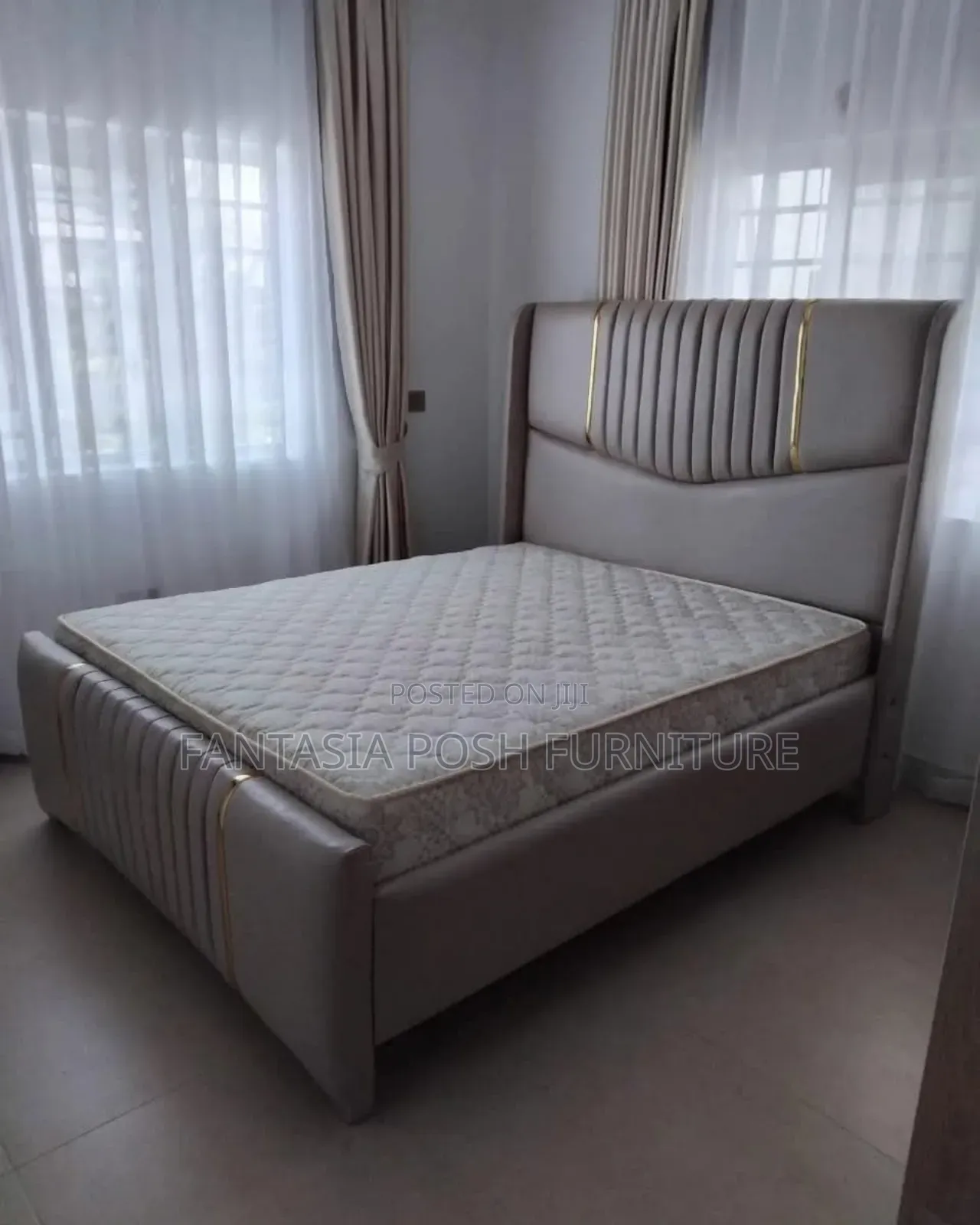 5x6 Beige Panel Bed With Gold Accents