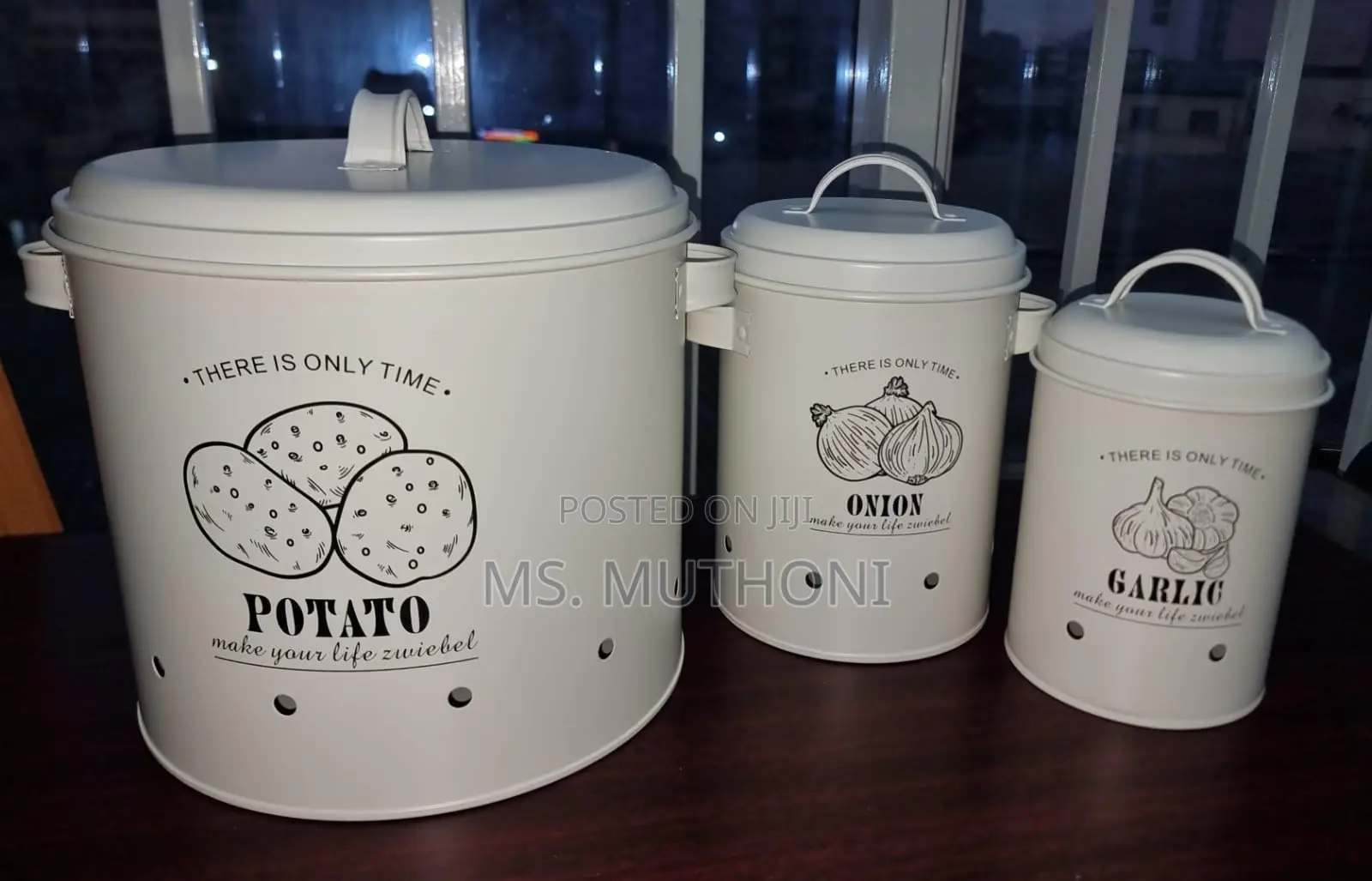 Set of Three Black Metal Potato, Onion, and Garlic Storage Canister