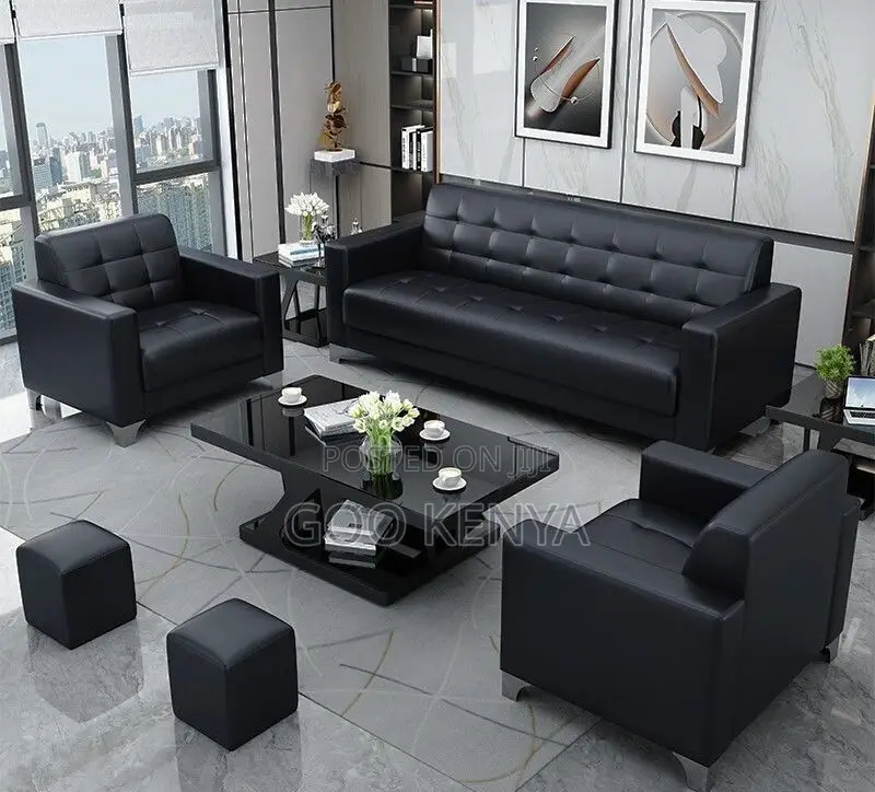 Office Sofa; 5-person Sectional Reception Sofa In Synthetic Leather