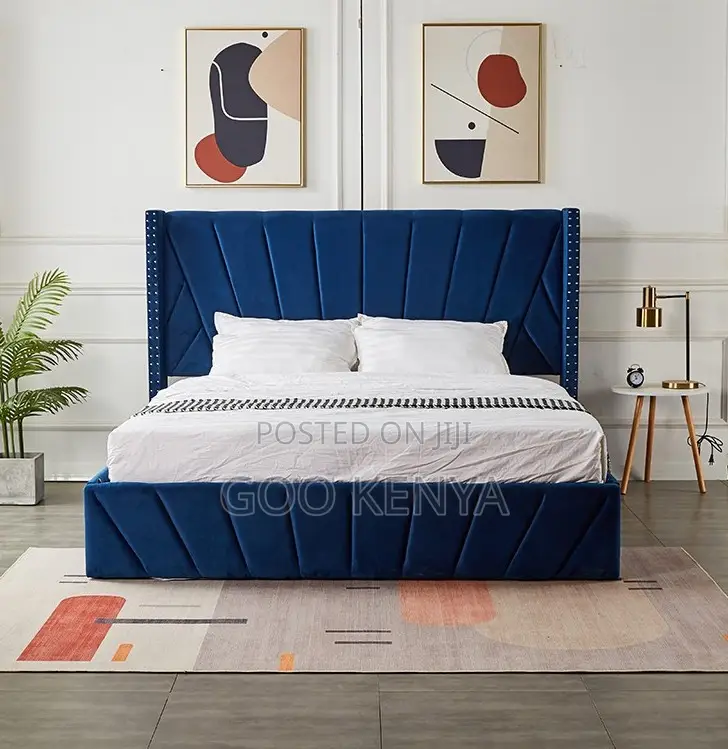 Home Bed; King Size Velvet Fabric Gas Lift Bed With Wooden Wing Design