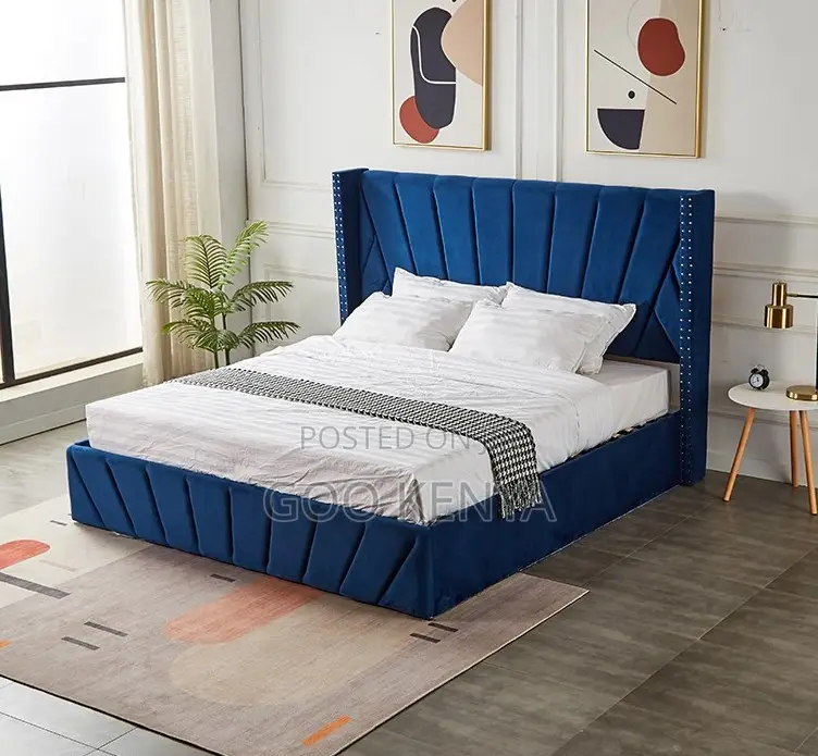 Home Bed; King Size Velvet Fabric Gas Lift Bed With Wooden Wing Design