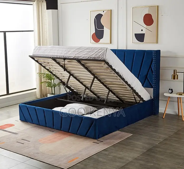 Home Bed; King Size Velvet Fabric Gas Lift Bed With Wooden Wing Design