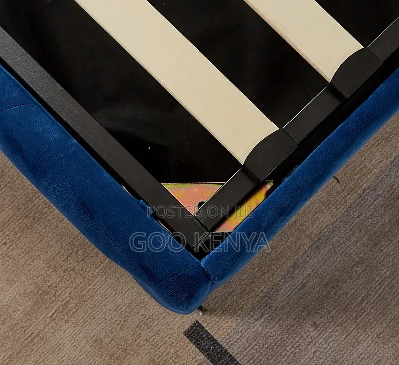 Home Bed; King Size Velvet Fabric Gas Lift Bed With Wooden Wing Design