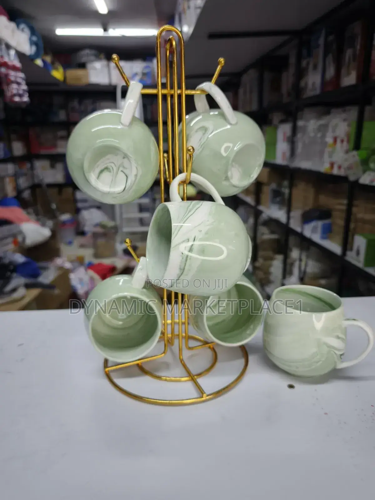 6 PCS Green Marble Ceramic Mug Set With Gold Stand