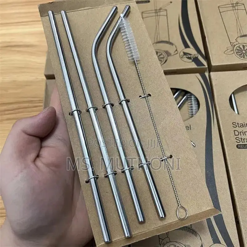  Reusable Stainless Steel Drinking Straws and a Cleaning Brush