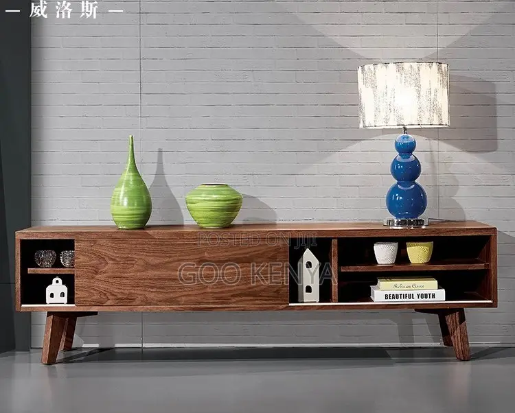 Home Tv Table; Modern Retro Wood Panel and Functional Storage for Tv