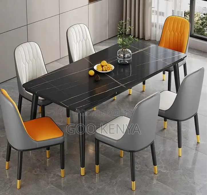 Home Dining Set; 4-Person Set With Marble Table and Upholstered Chairs