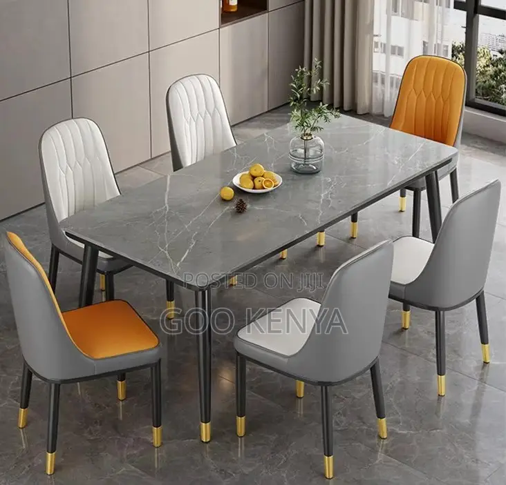 Home Dining Set; 4-Person Set With Marble Table and Upholstered Chairs