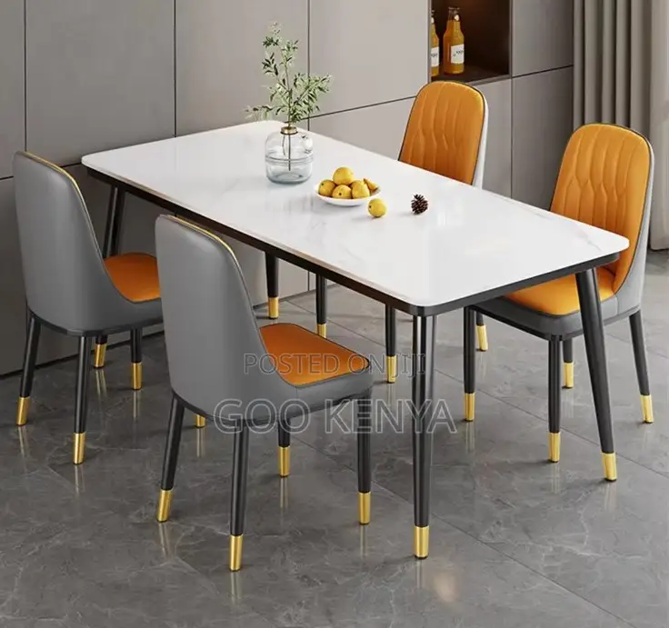 Home Dining Set; 4-Person Set With Marble Table and Upholstered Chairs