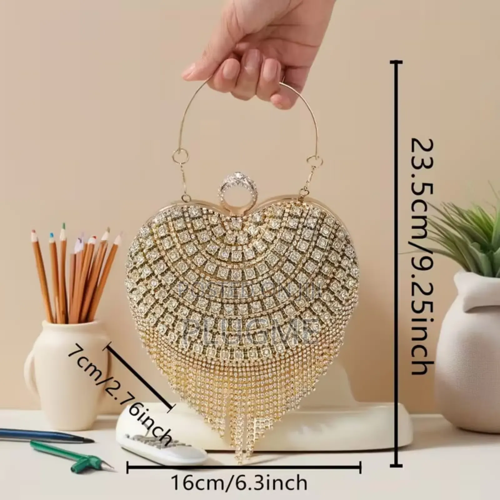 Heart-Shaped Evening Clutch Bag With Rhinestones and Tassel Details