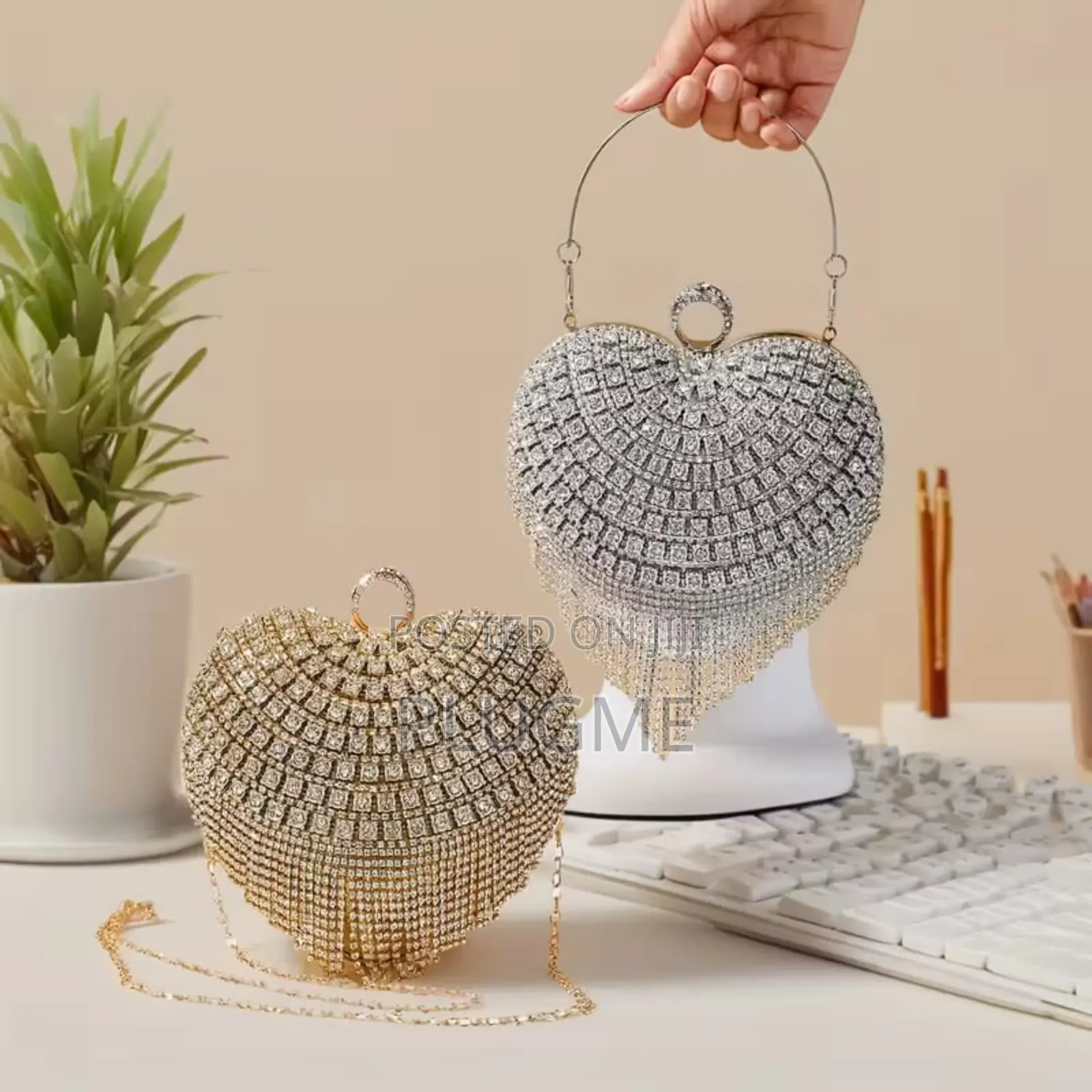 Heart-Shaped Evening Clutch Bag With Rhinestones and Tassel Details