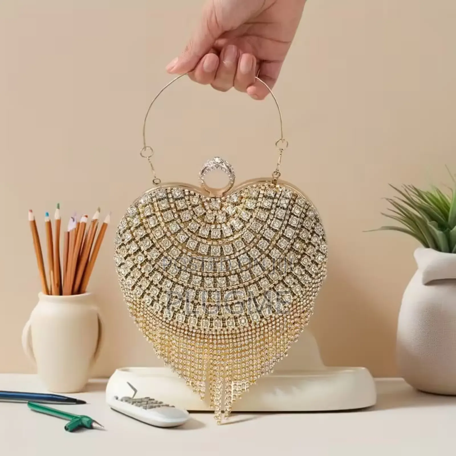 Heart-Shaped Evening Clutch Bag With Rhinestones and Tassel Details